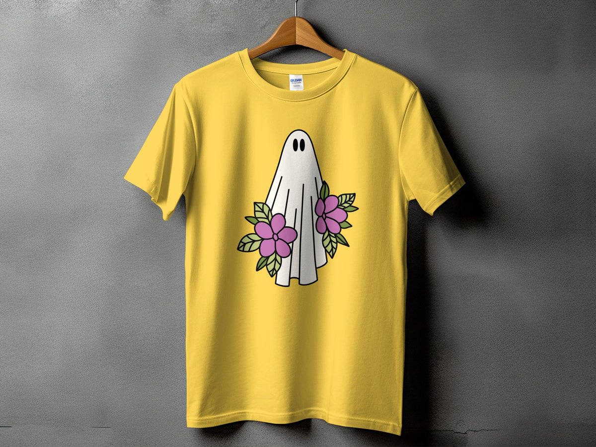 Yellow t-shirt with a white ghost and purple flowers graphic.