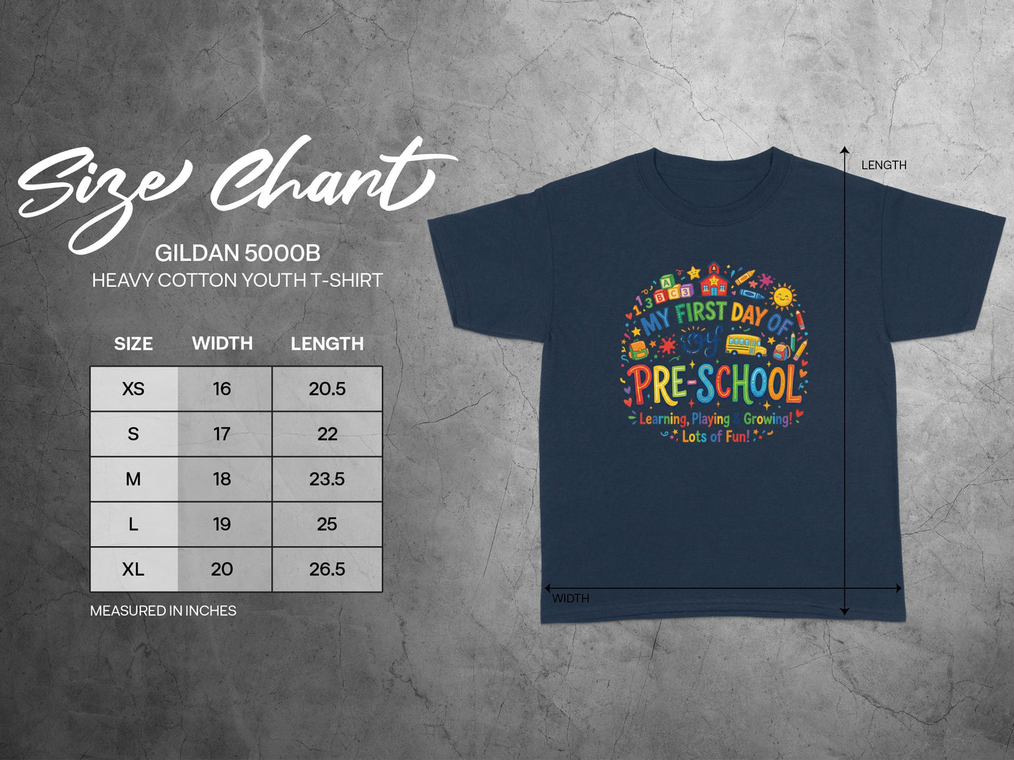 Gildan 5000B youth t-shirt size chart with width and length measurements in inches.