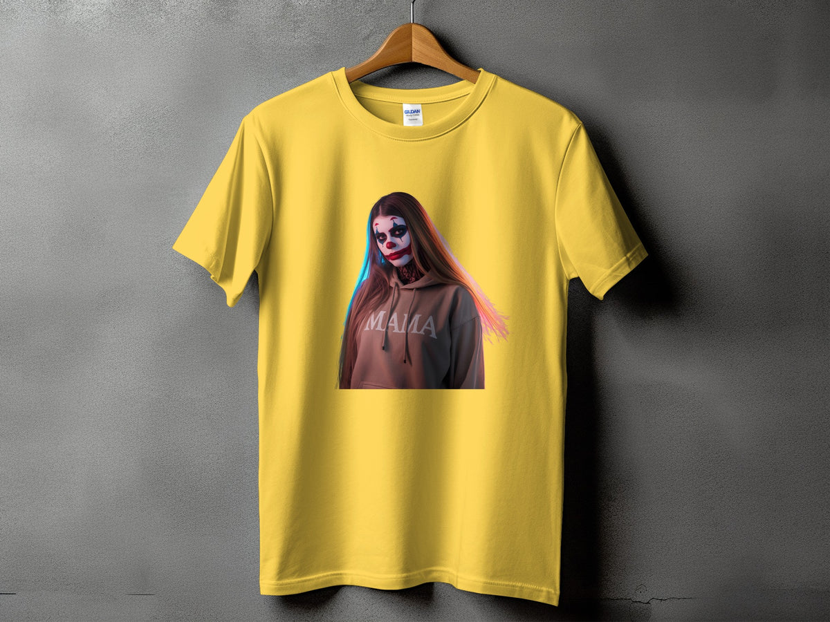 Yellow t-shirt with graphic of person in clown makeup wearing "Mama" hoodie.