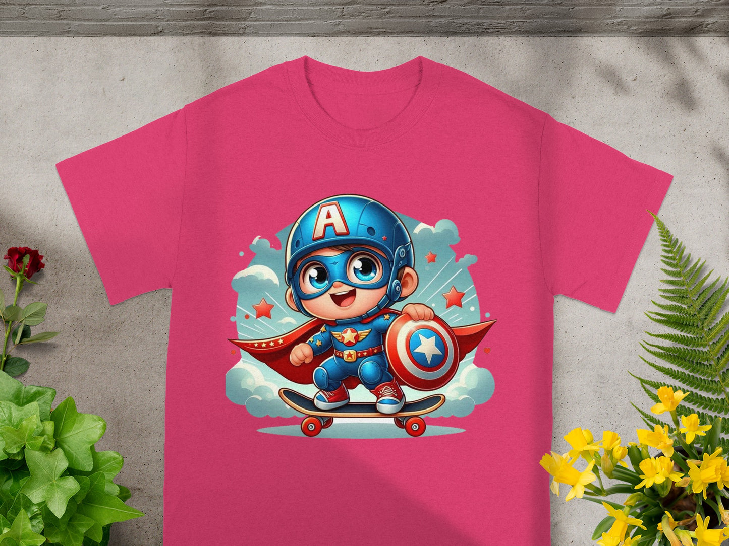 Cute cartoon superhero with shield and skateboard on pink t-shirt.