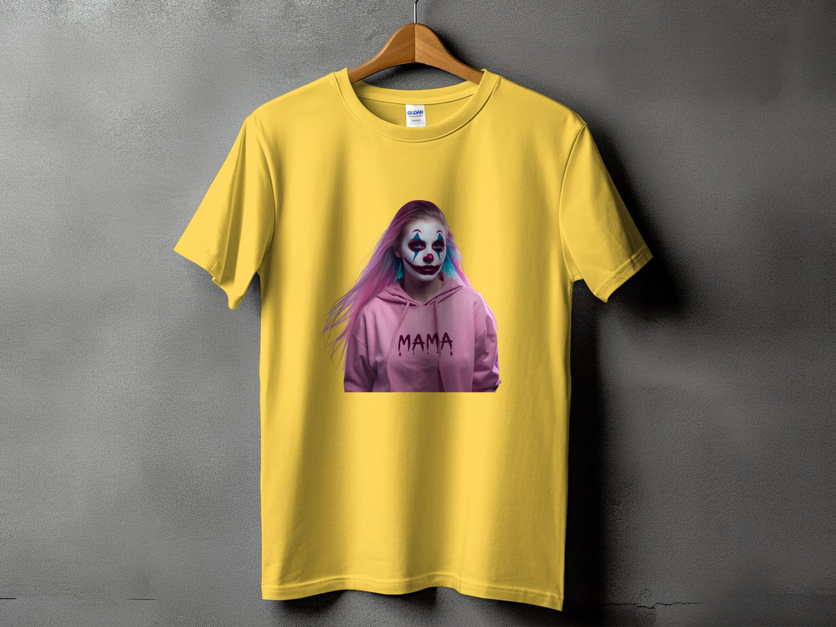 Yellow t-shirt featuring a person in clown makeup and a hoodie with "MAMA" text.