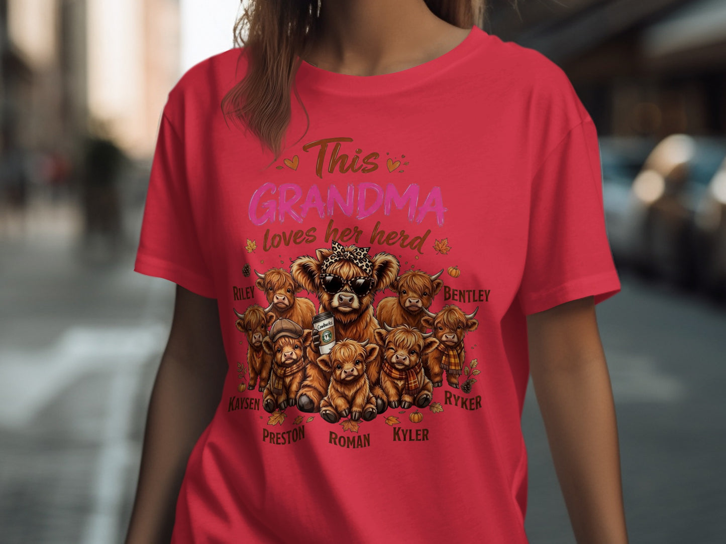 This Grandma loves her herd with Highland cows and names: Riley, Bentley, Kaysen, Ryker, Preston, Roman, Kyler.