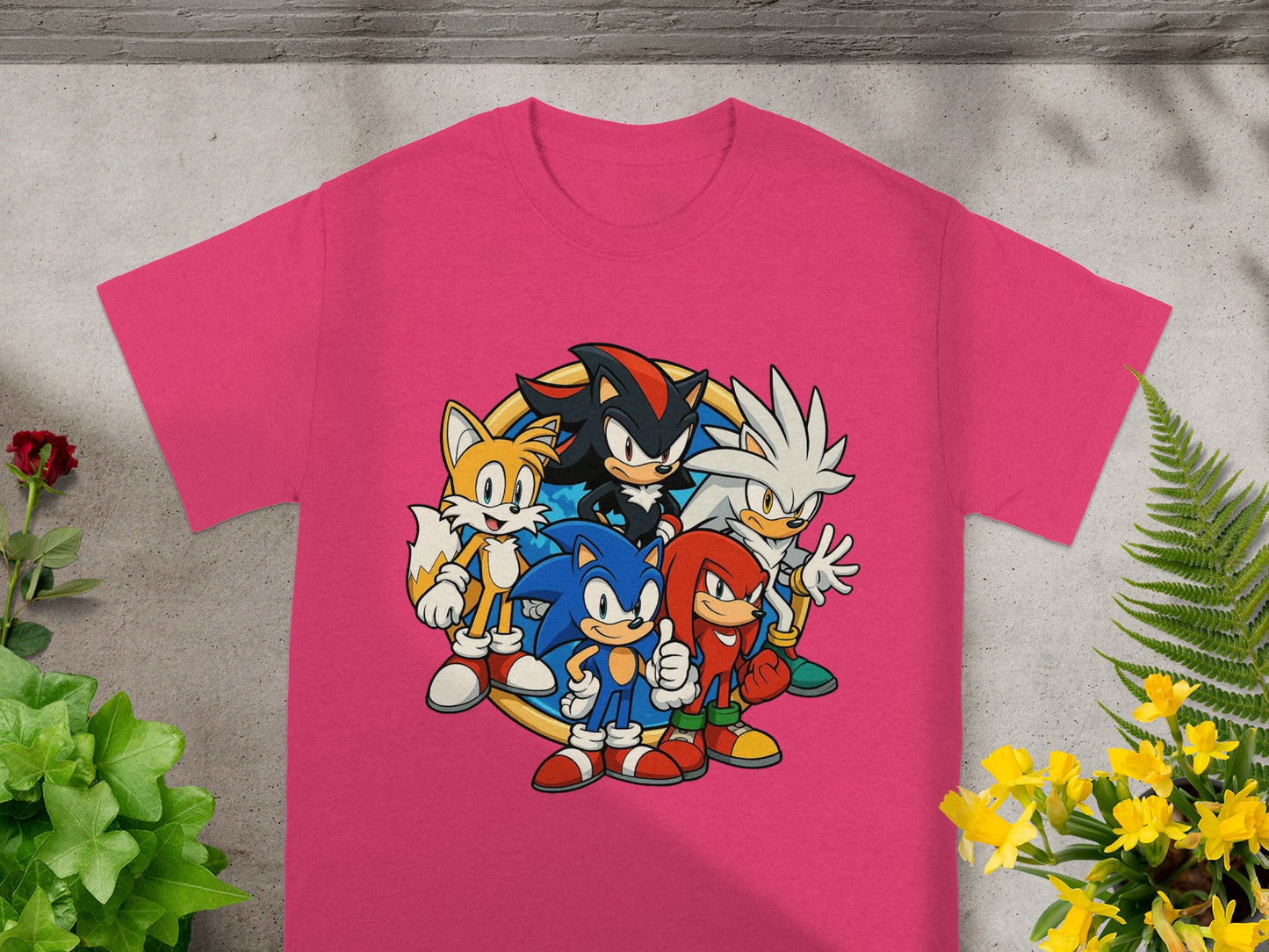 Pink t-shirt with Sonic the Hedgehog and friends graphic print.