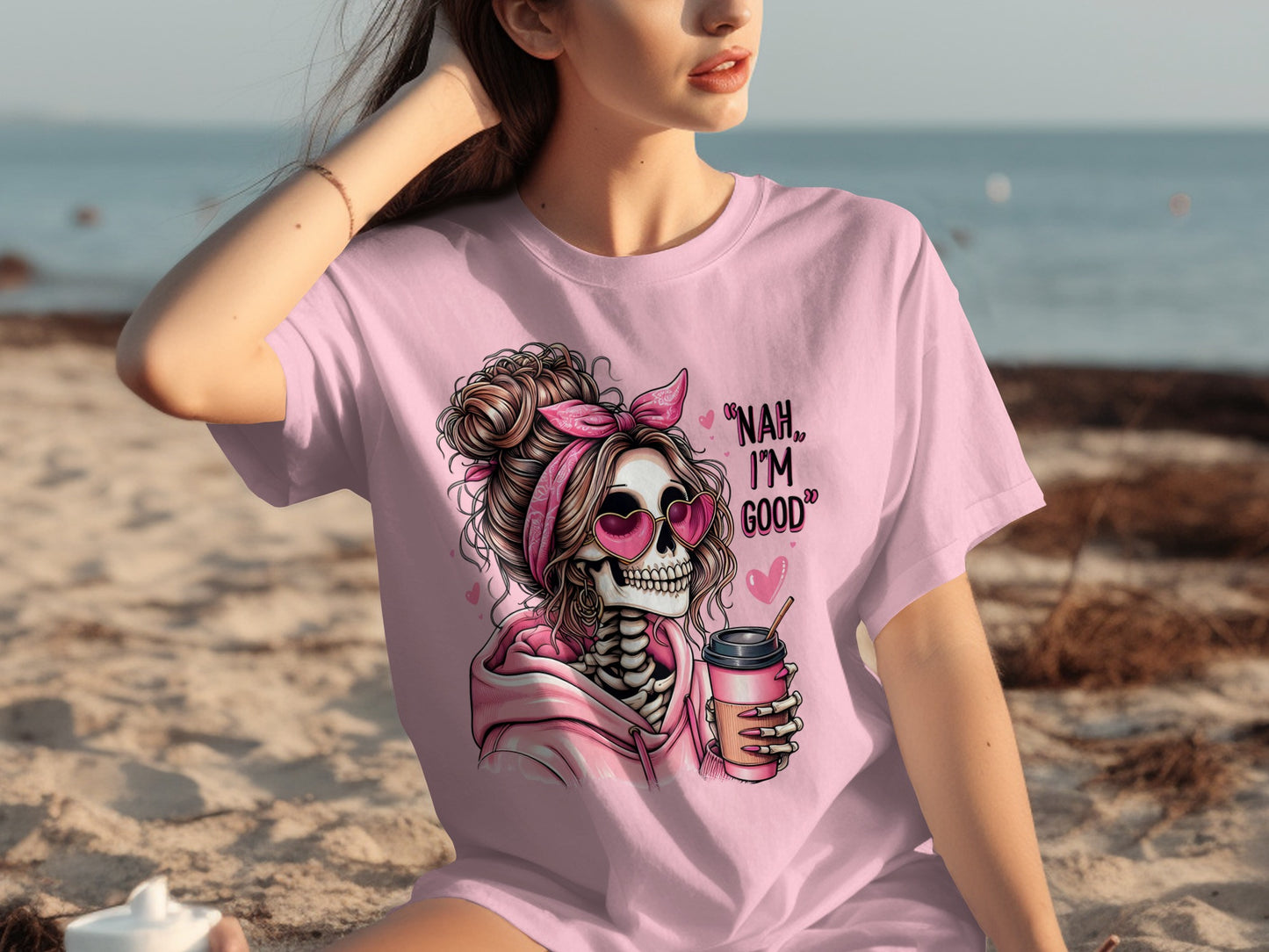 Cute Skeleton in Pink with Coffee Graphic T-Shirt