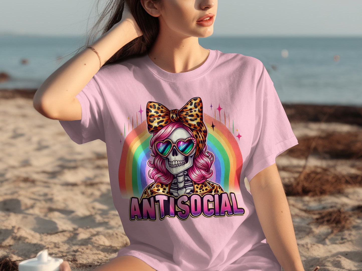 Antisocial Skeleton with Rainbow and Leopard Bow Shirt
