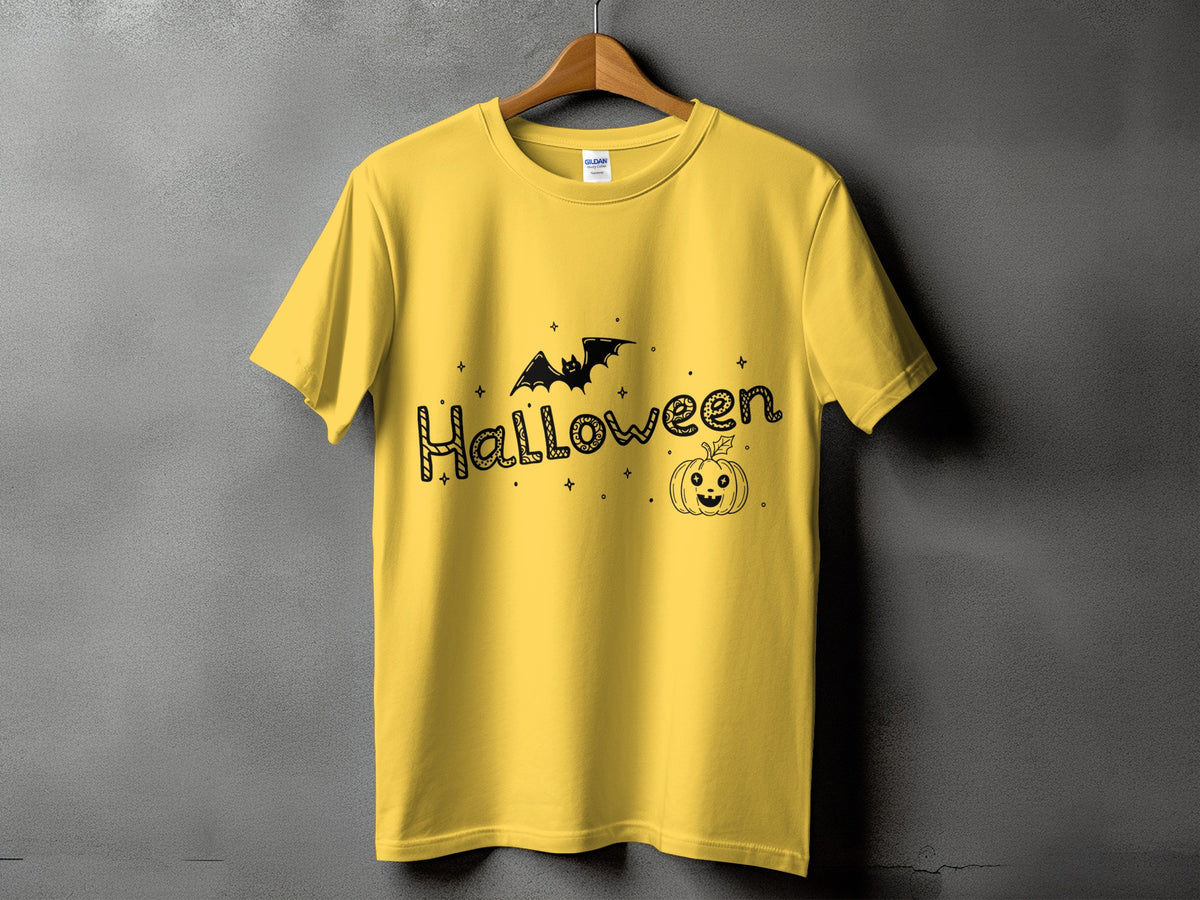 Yellow t-shirt with "Halloween" text, a bat, and a pumpkin graphic.