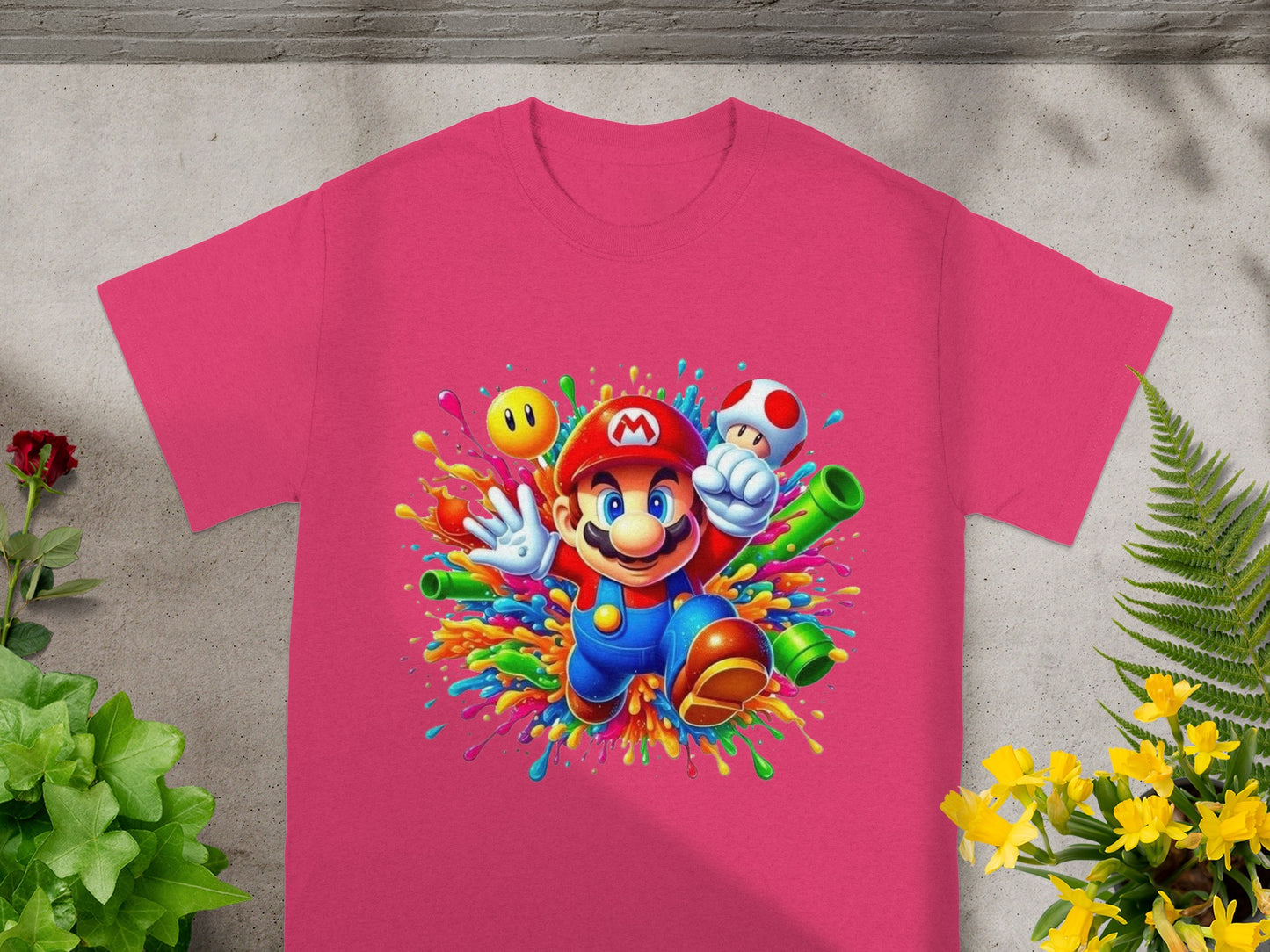 Mario jumping with colorful paint splashes and power-ups.