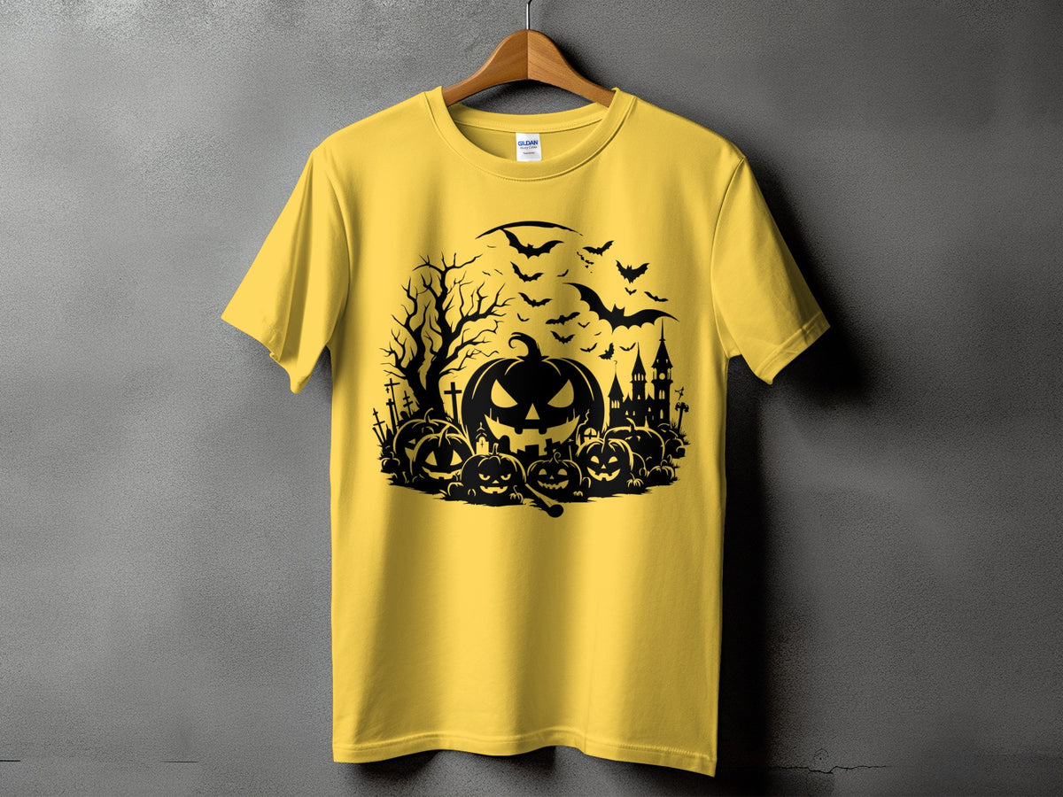 Yellow t-shirt with a black Halloween graphic featuring pumpkins, bats, and a haunted house.