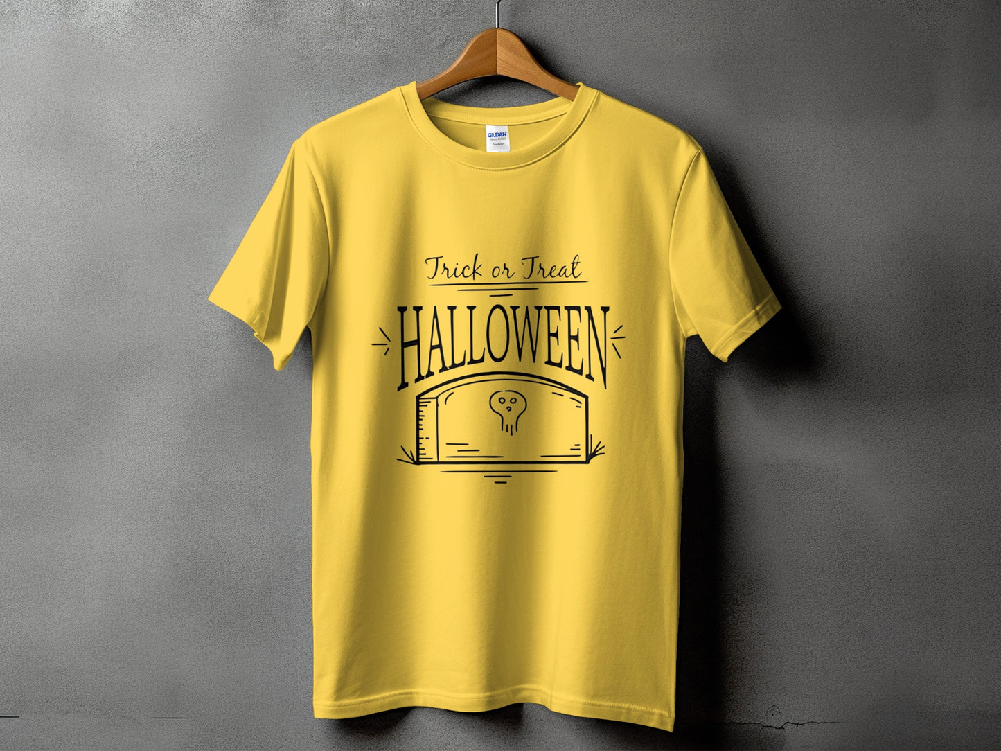 Yellow t-shirt with "Trick or Treat Halloween" text and a tombstone graphic.