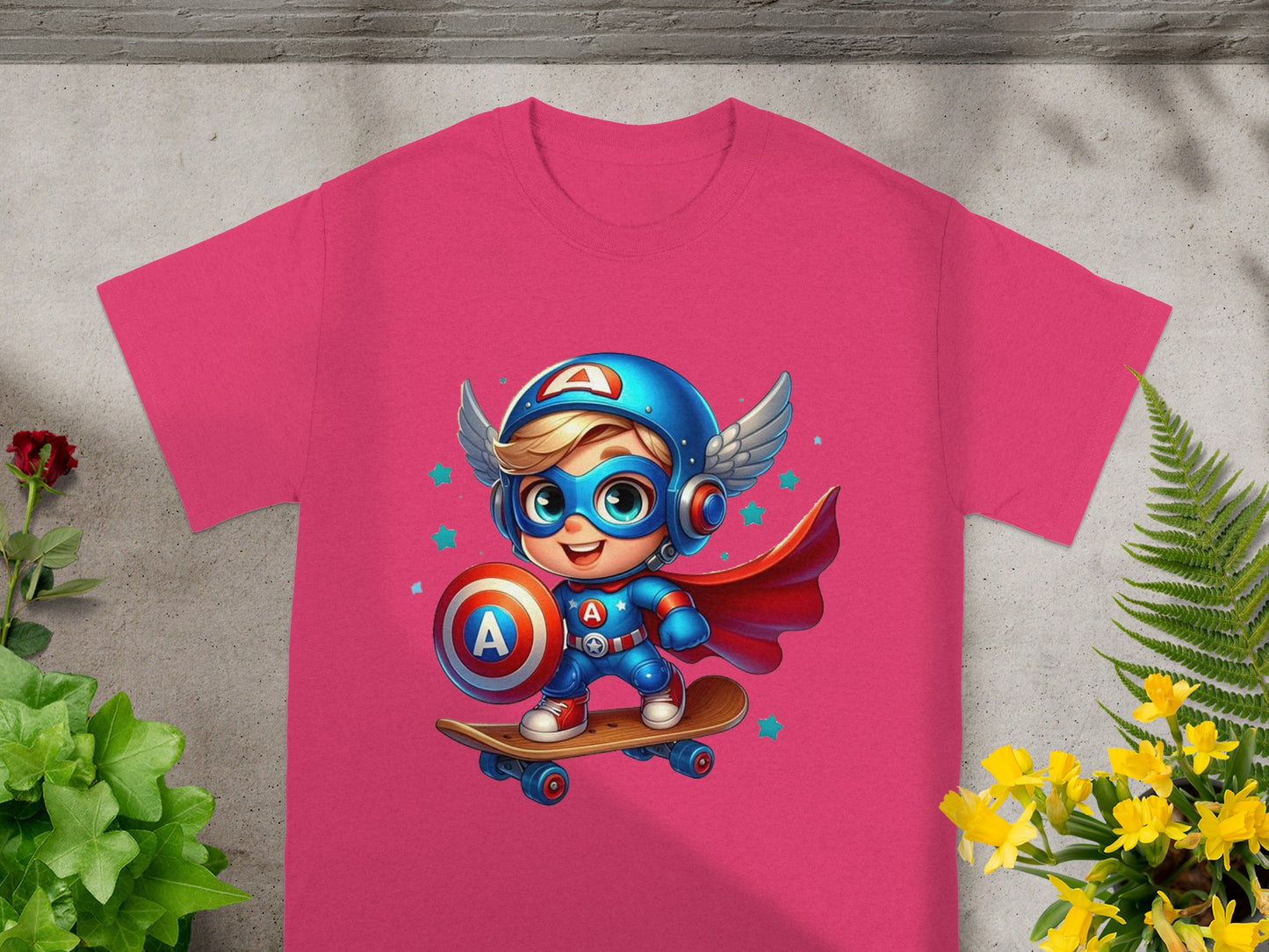 Cartoon superhero boy with shield and wings on a skateboard.
