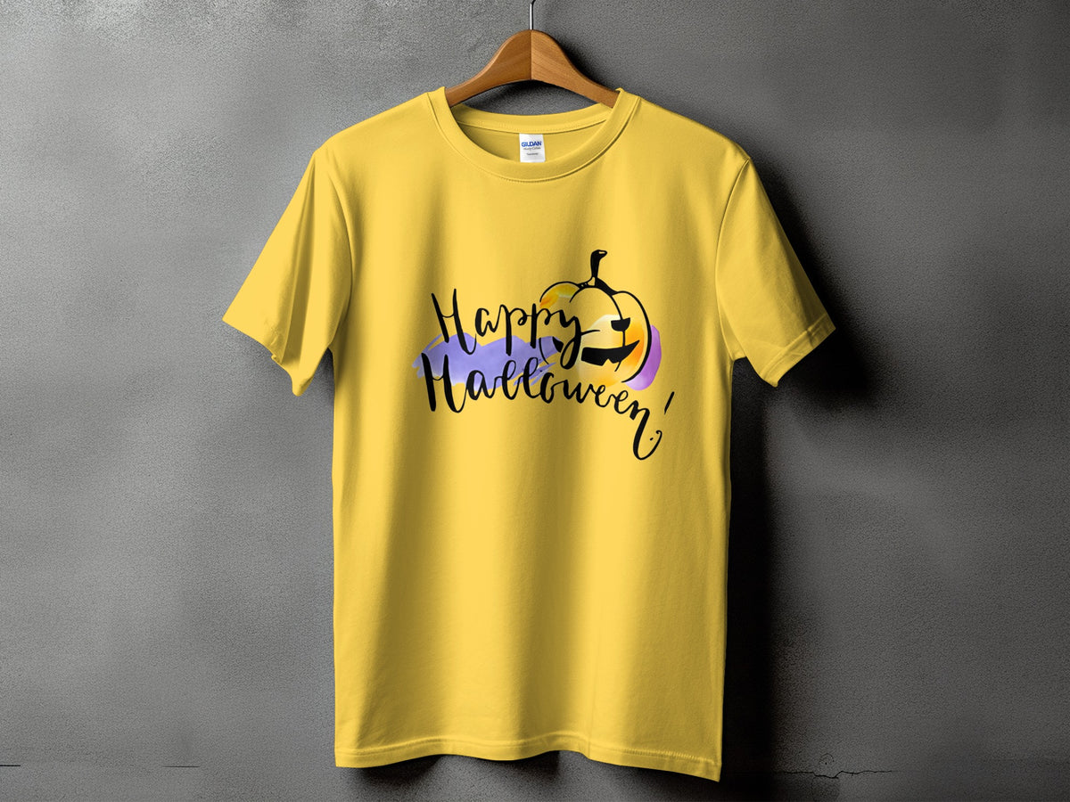 Yellow t-shirt with "Happy Halloween" text and a pumpkin graphic.