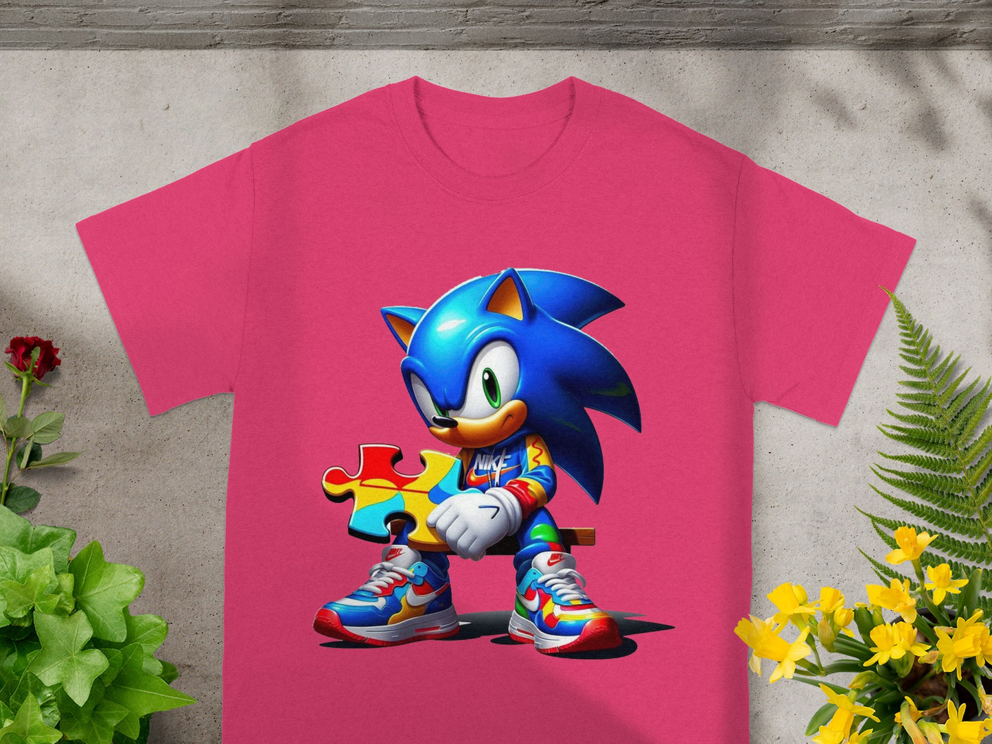 Sonic the Hedgehog holds a puzzle piece, wearing Nikes.