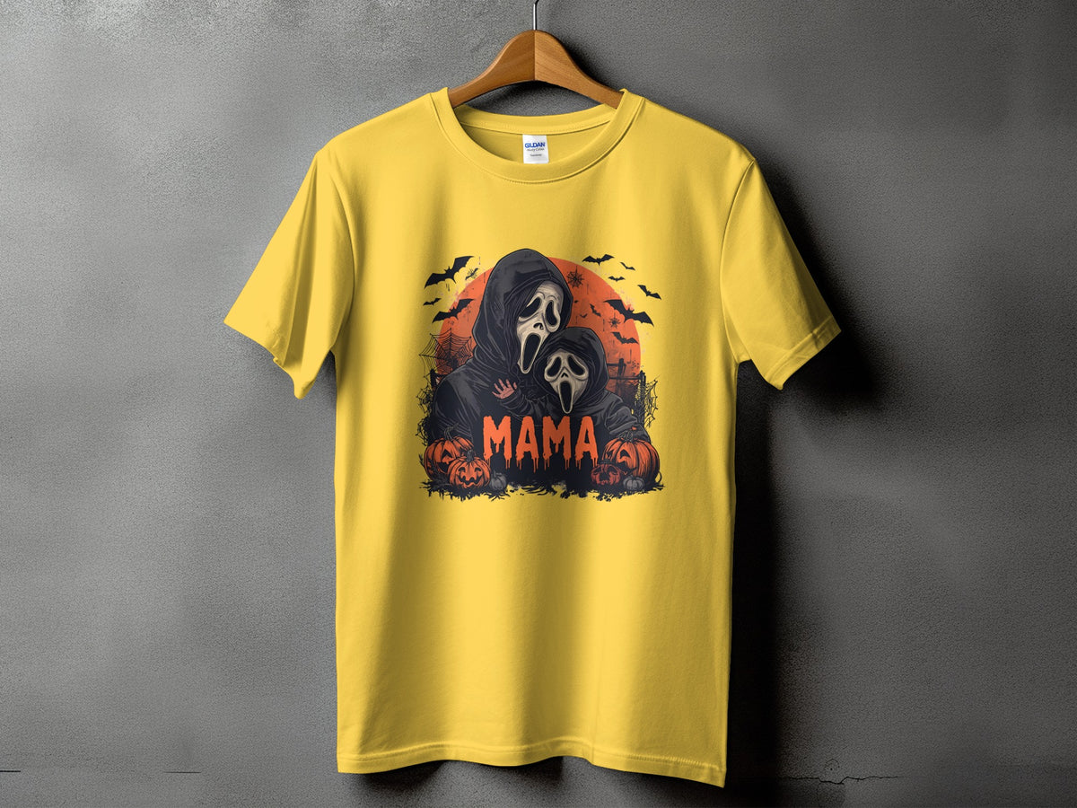 Yellow t-shirt with "Mama" text and two spooky ghost characters with pumpkins.