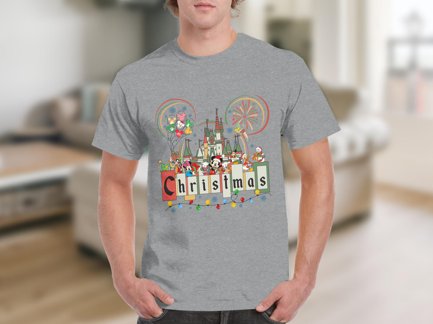 Festive Christmas Graphic Shirt with Castle and Characters