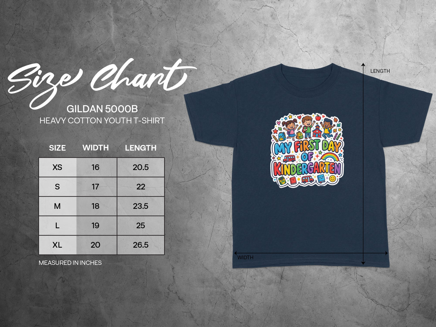 Gildan 5000B youth t-shirt size chart with width and length measurements.