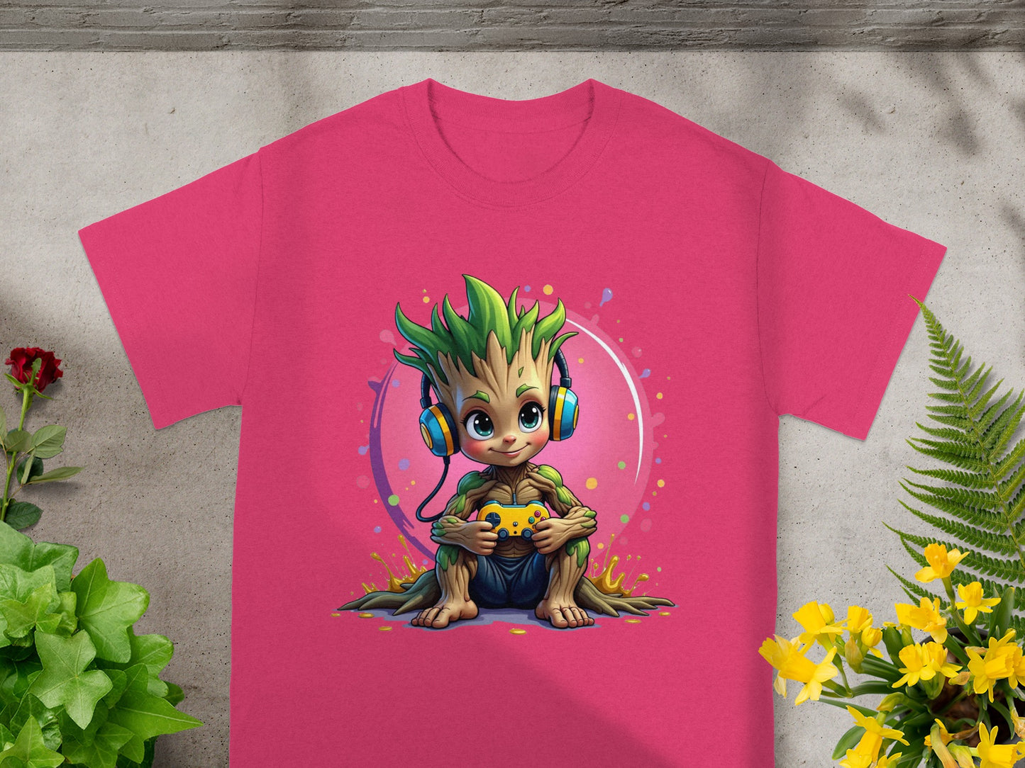 Groot from Guardians of the Galaxy playing a video game in a t-shirt graphic.