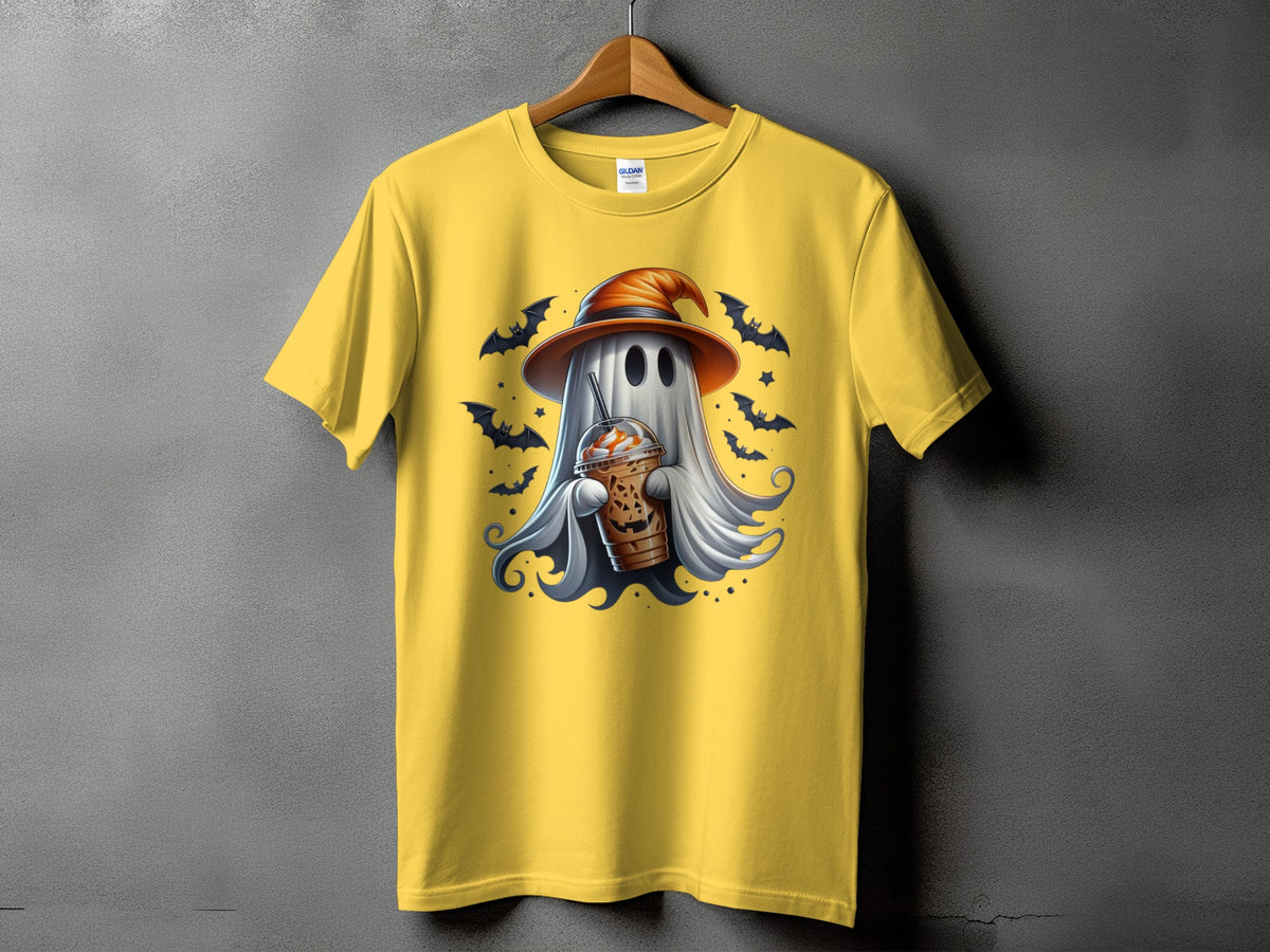 Yellow t-shirt with a ghost wearing a witch hat holding a pumpkin coffee.