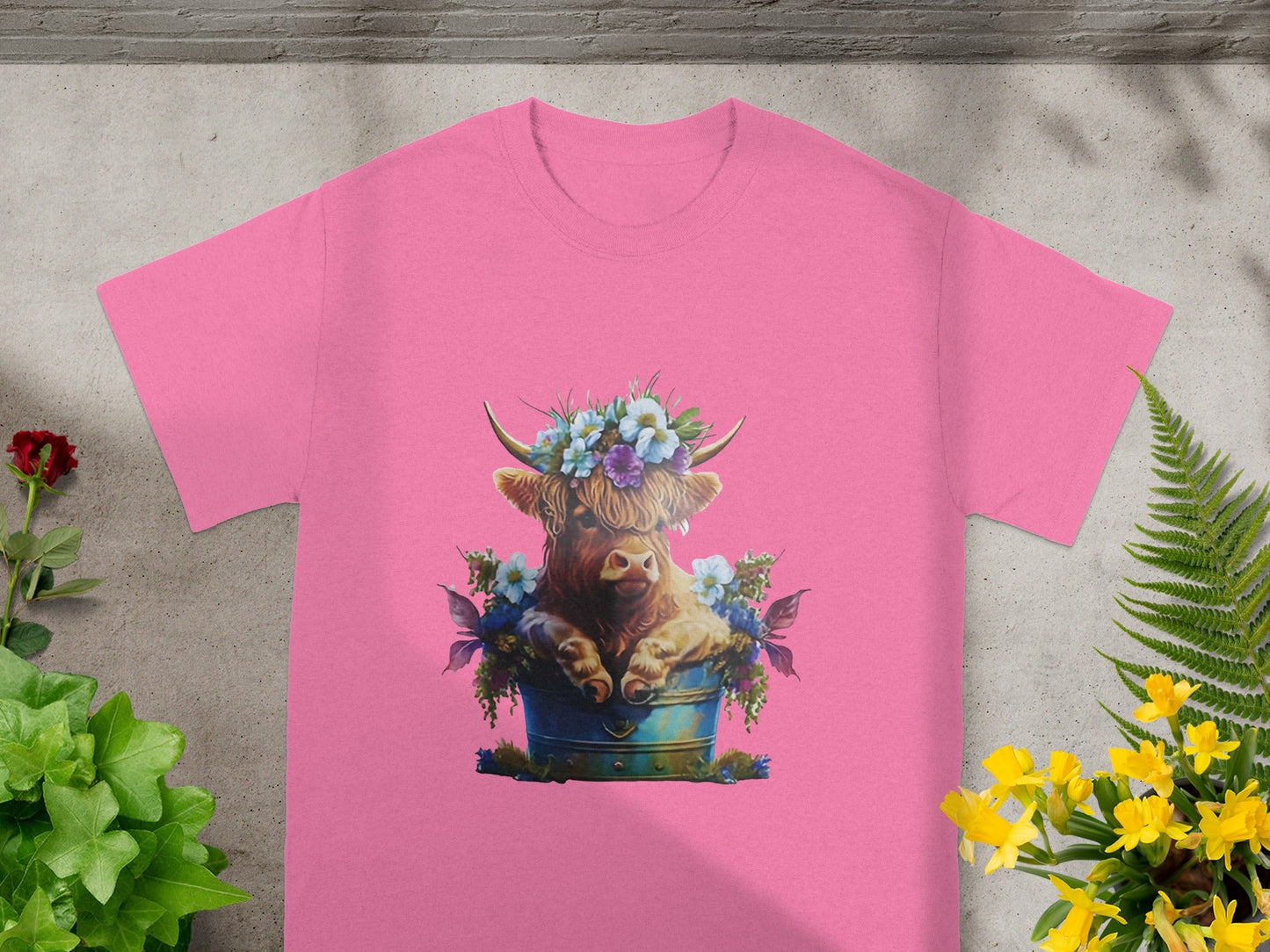 Cute Highland Cow with Floral Crown Pink T-shirt