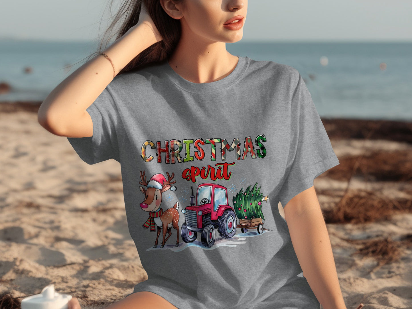 Christmas Spirit Reindeer Tractor Tree T-shirt