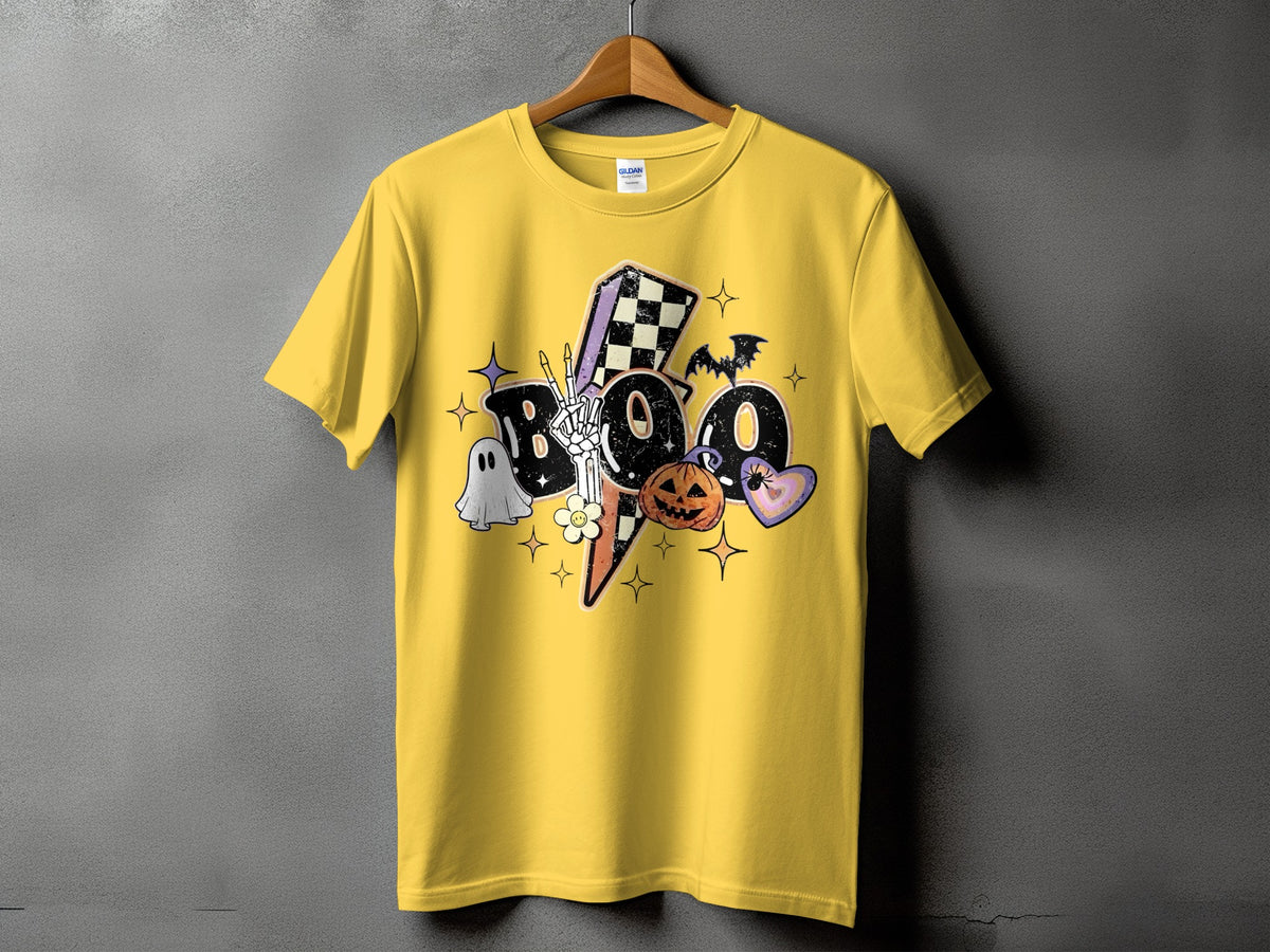 Yellow t-shirt with a graphic featuring "Boo" text, ghost, pumpkin, and bat.