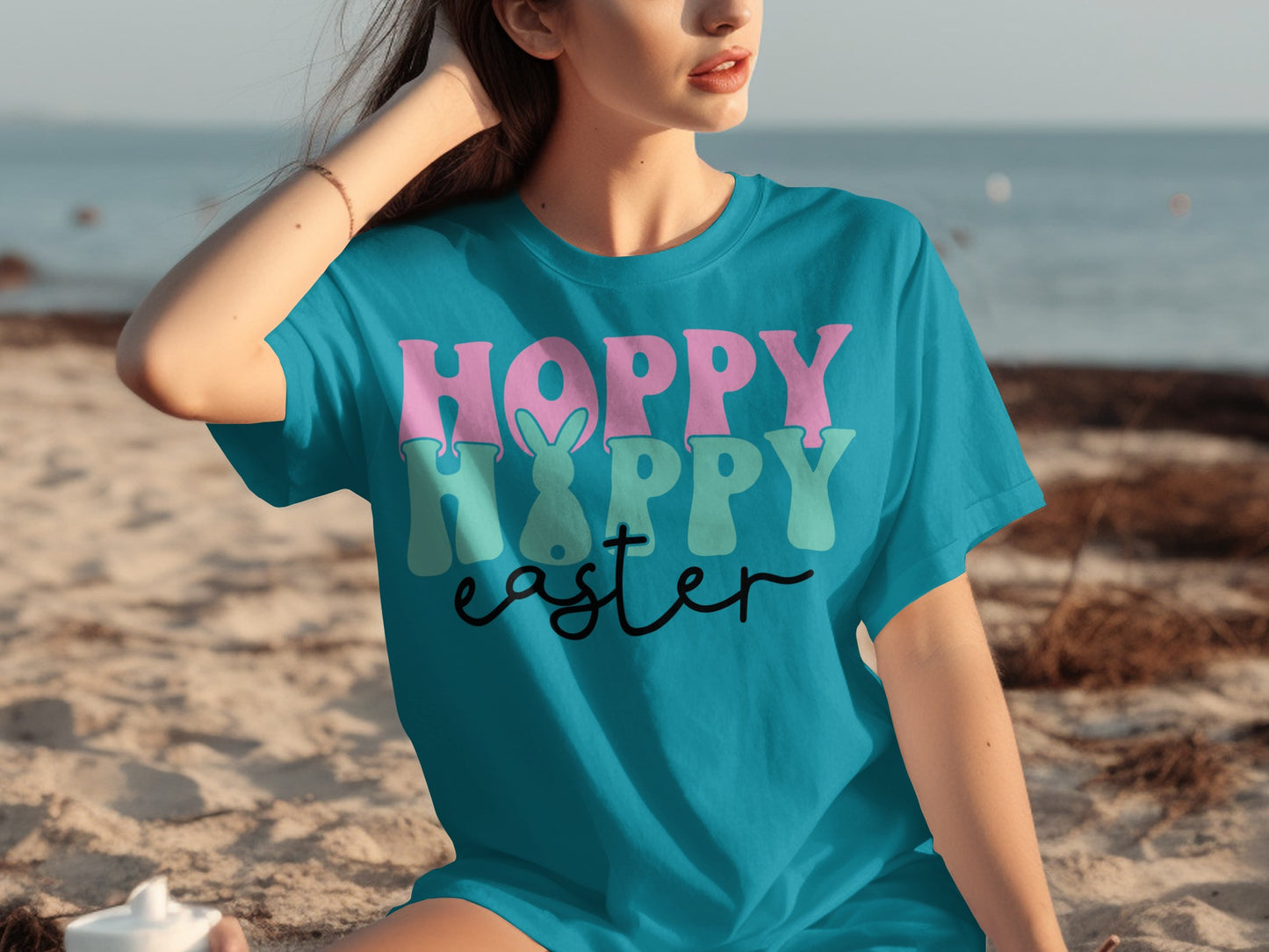 Hoppy Happy Easter Graphic Teal T-Shirt Product
