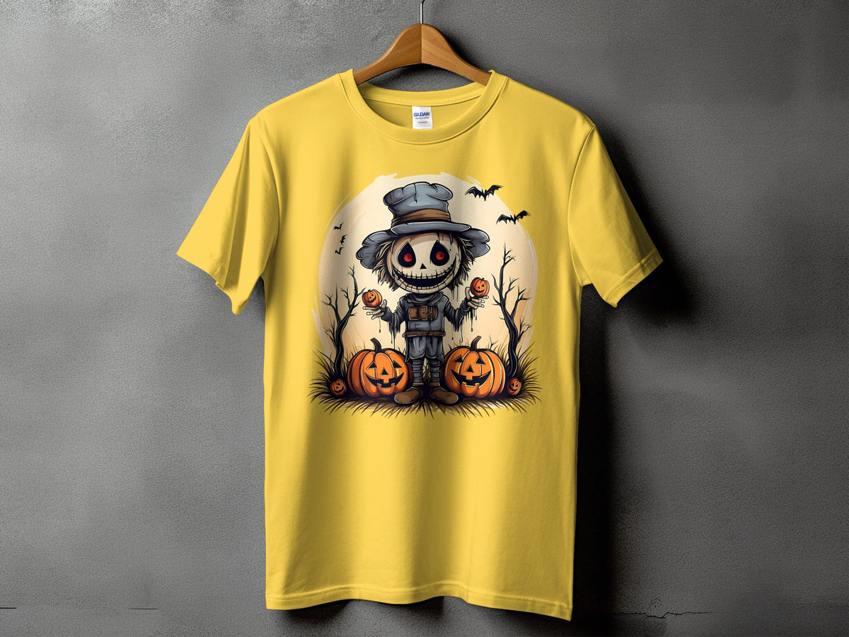 Yellow t-shirt with a Halloween scarecrow and pumpkins graphic.