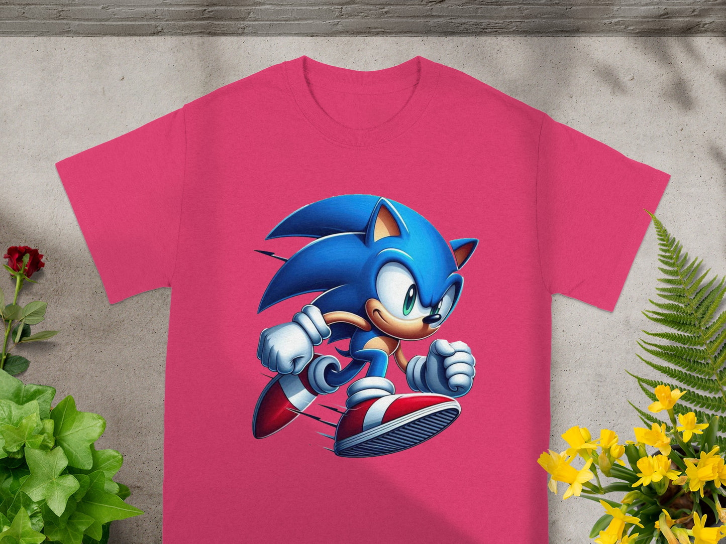 Pink t-shirt with Sonic the Hedgehog running graphic.