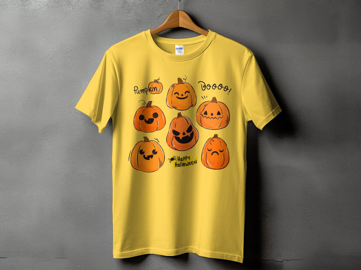 Yellow t-shirt with assorted cartoon pumpkins and text "Boo!" and "Happy Halloween".