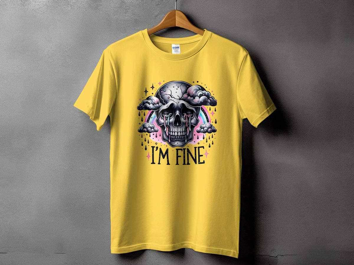 Yellow t-shirt with a crying skull graphic and "I'M FINE" text.