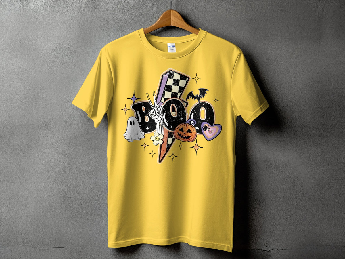 Yellow t-shirt with a "Boo" Halloween graphic featuring a ghost, pumpkin, and bat.