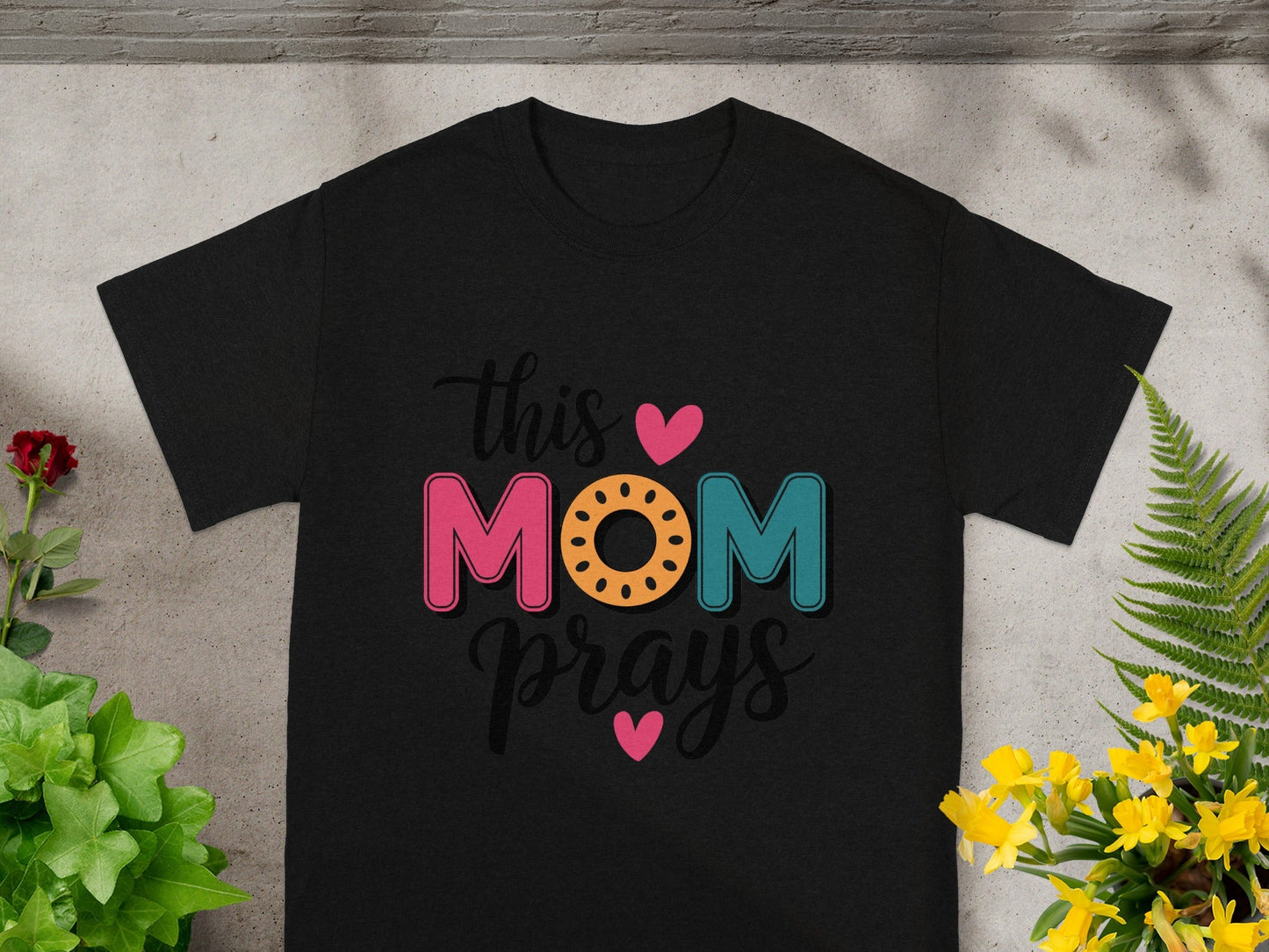 This Mom Prays Black Tee with Heart Accents Shirt