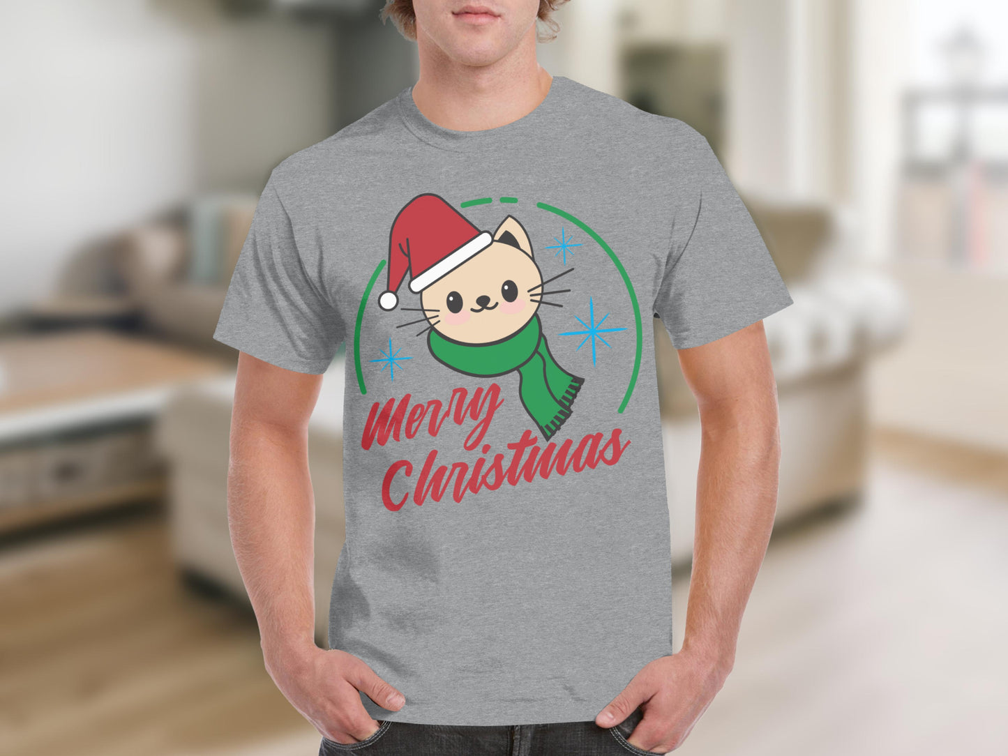 Merry Christmas Cute Cat in Santa Hat T-shirt