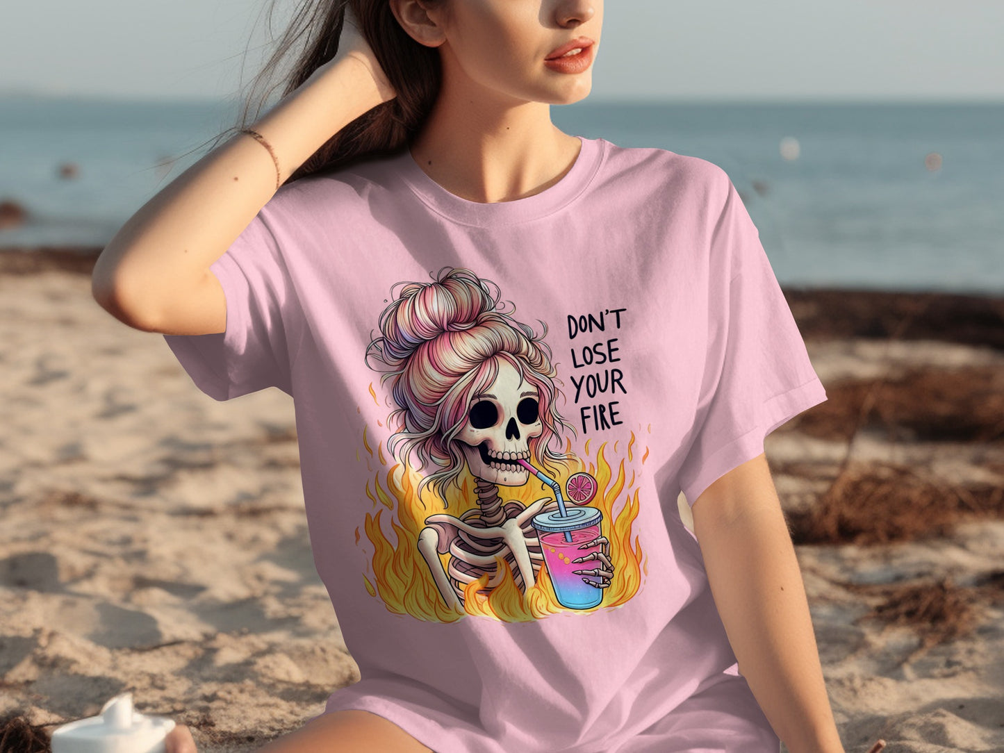 Don't Lose Your Fire Skeleton Beach Graphic T-Shirt