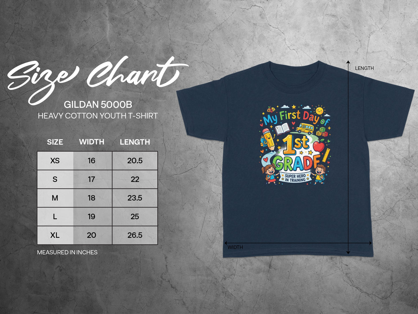 Gildan 5000B youth t-shirt size chart with width and length measurements.