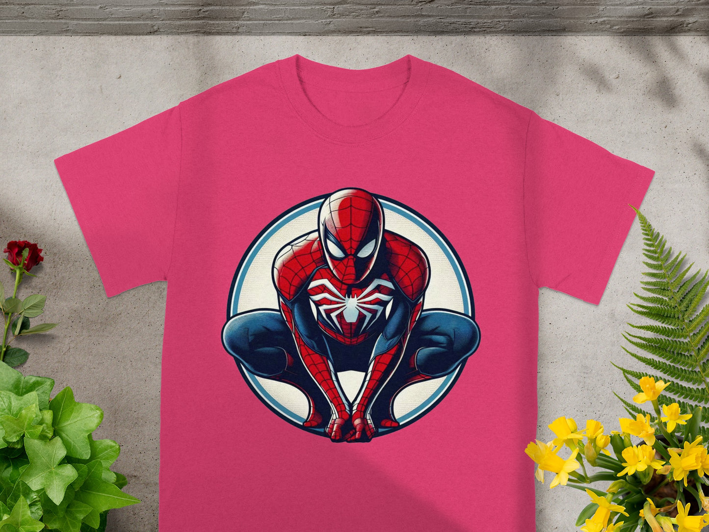 Spiderman logo t-shirt with Spiderman crouching within a blue and white circle.