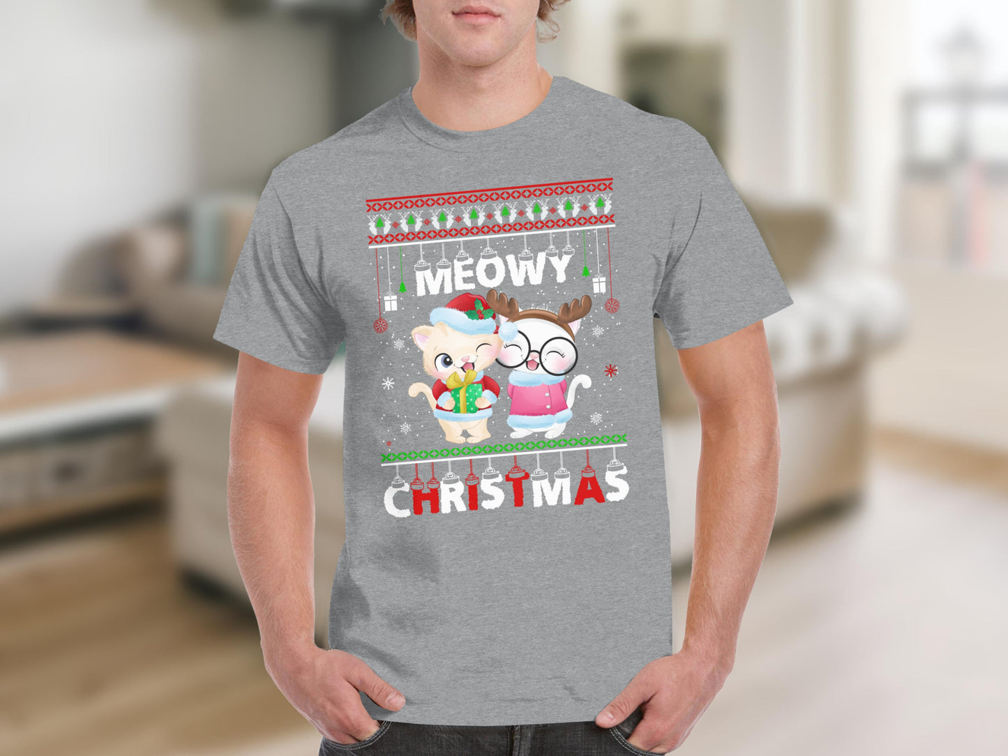 Meowy Christmas Cute Cat Cartoon Holiday T-Shirt