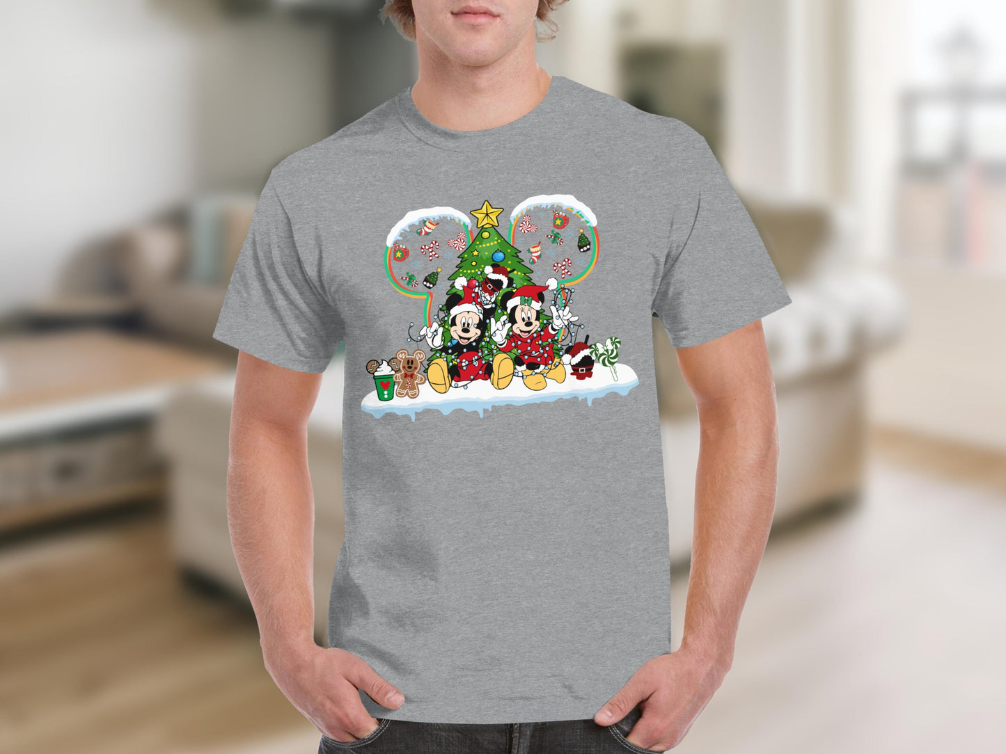Mickey Mouse Christmas Theme Gray T-shirt Product
