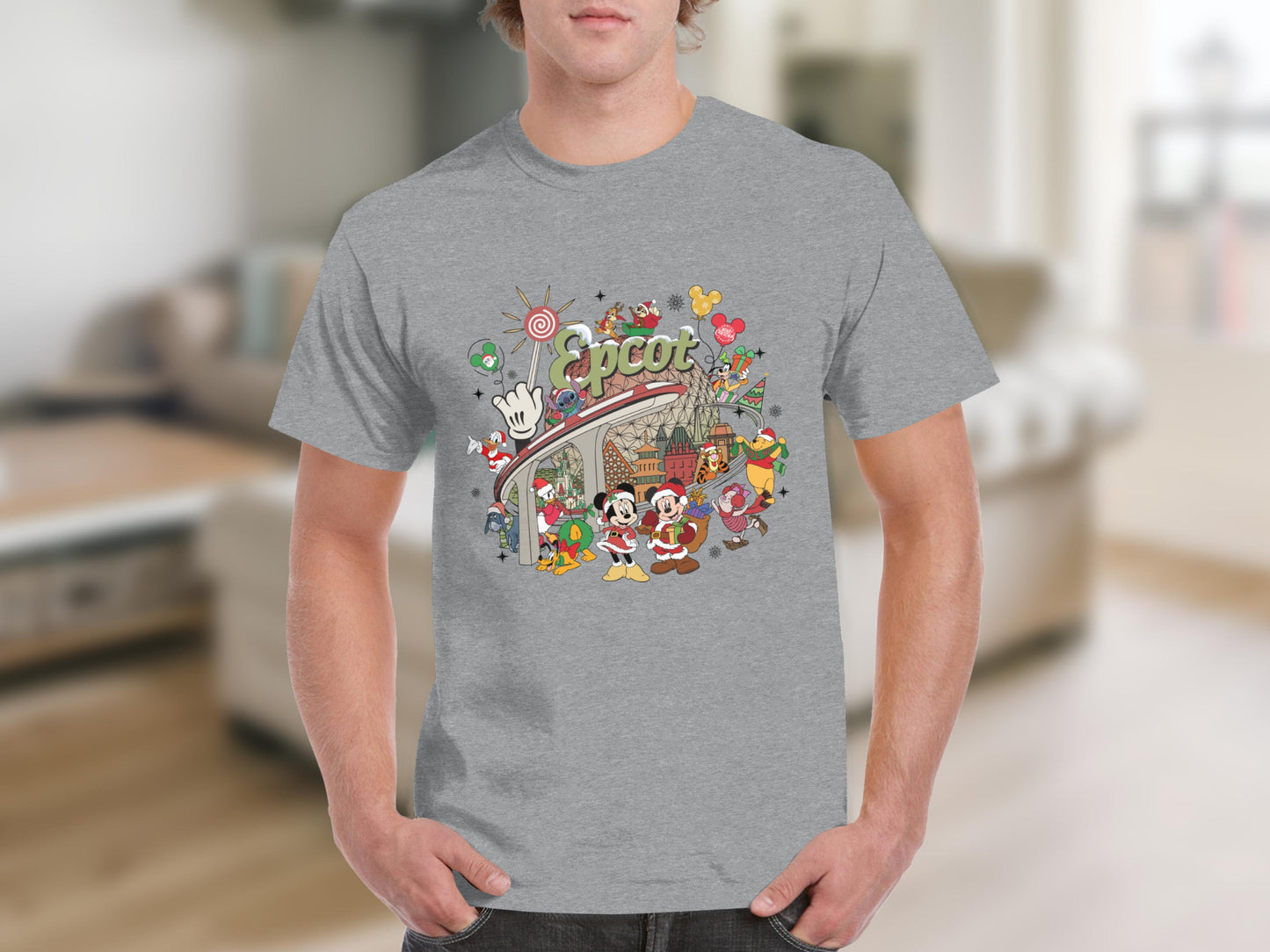 Vibrant Epcot Characters Themed Gray T-Shirt