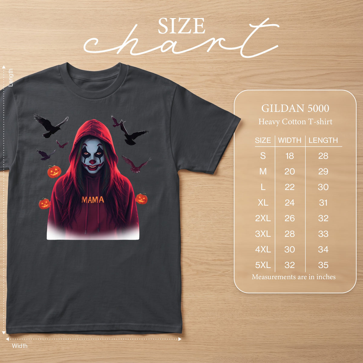 Dark grey t-shirt with scary clown graphic, crows, pumpkins, and "MAMA" text. Includes size chart.