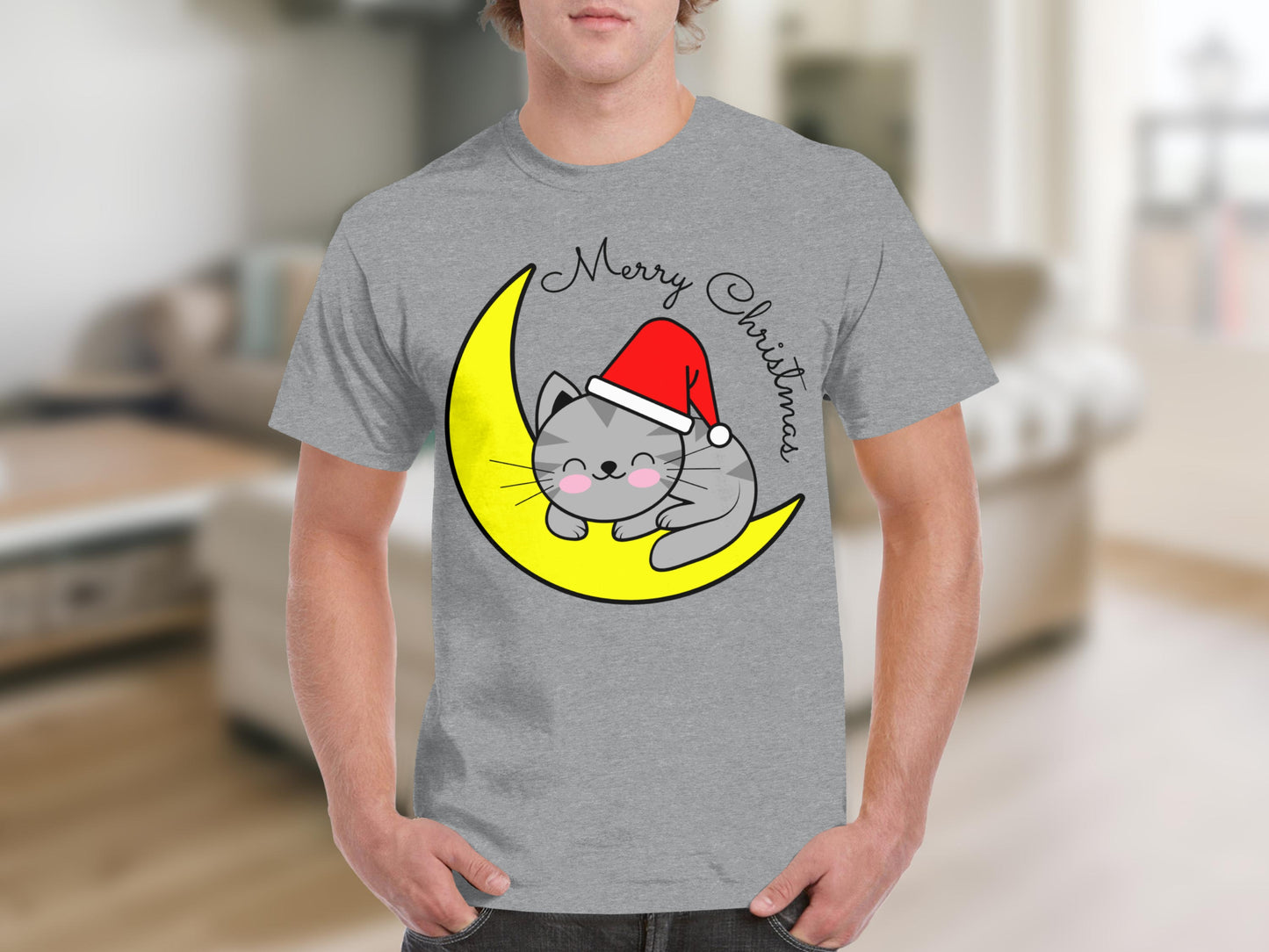 Merry Christmas Cute Cat in Santa Hat T-shirt