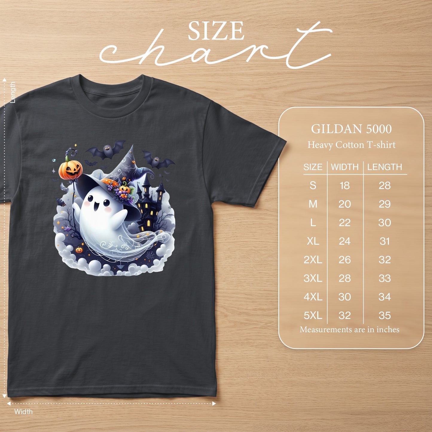 Gildan 5000 Heavy Cotton T-shirt with ghost, pumpkin, bats, and haunted castle graphic.