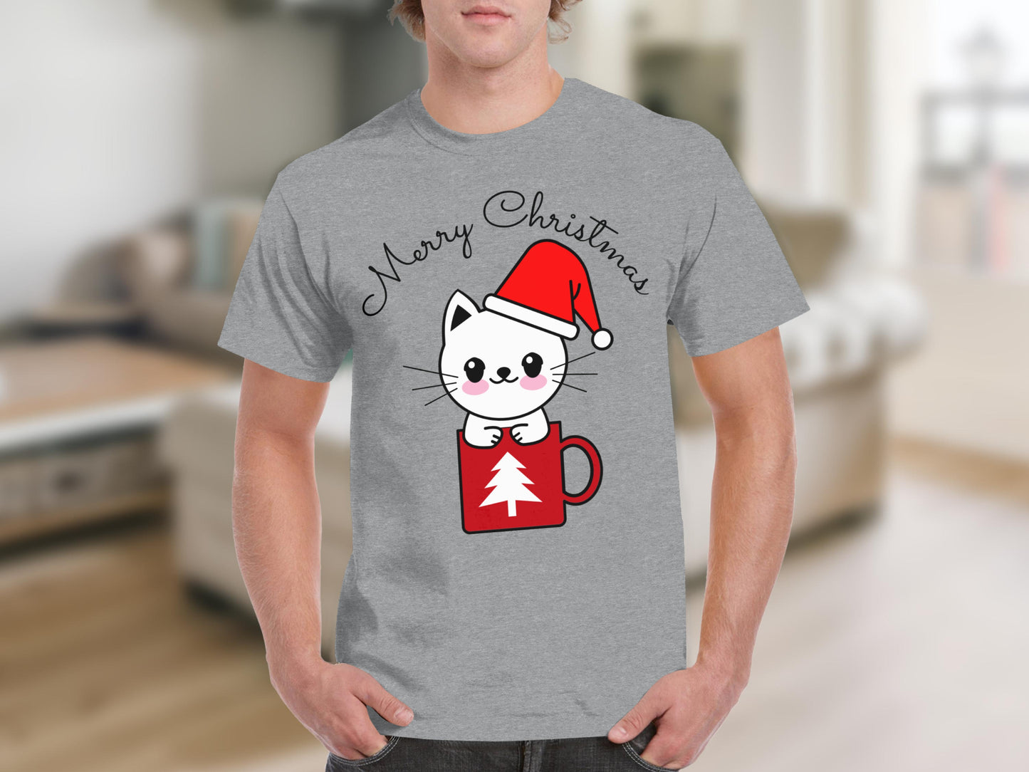 Merry Christmas Cute Cat In Santa Hat T-Shirt
