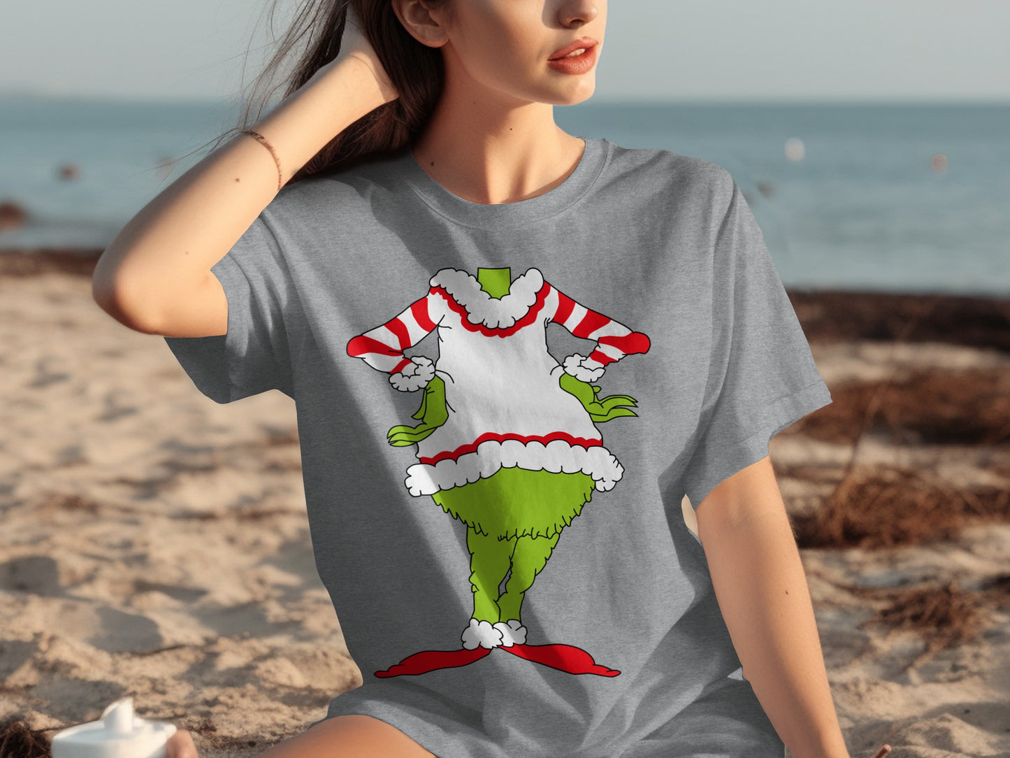 Gray T-Shirt with Festive Grinch Wearing Costume Design