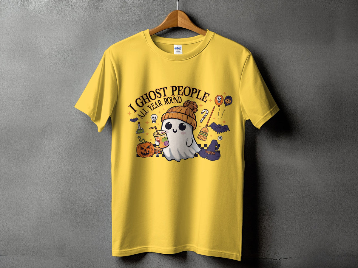 Yellow t-shirt with ghost graphic and text "I Ghost People All Year Round".