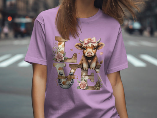 Cute Cow in LOVE with Floral Accents Graphic Shirt