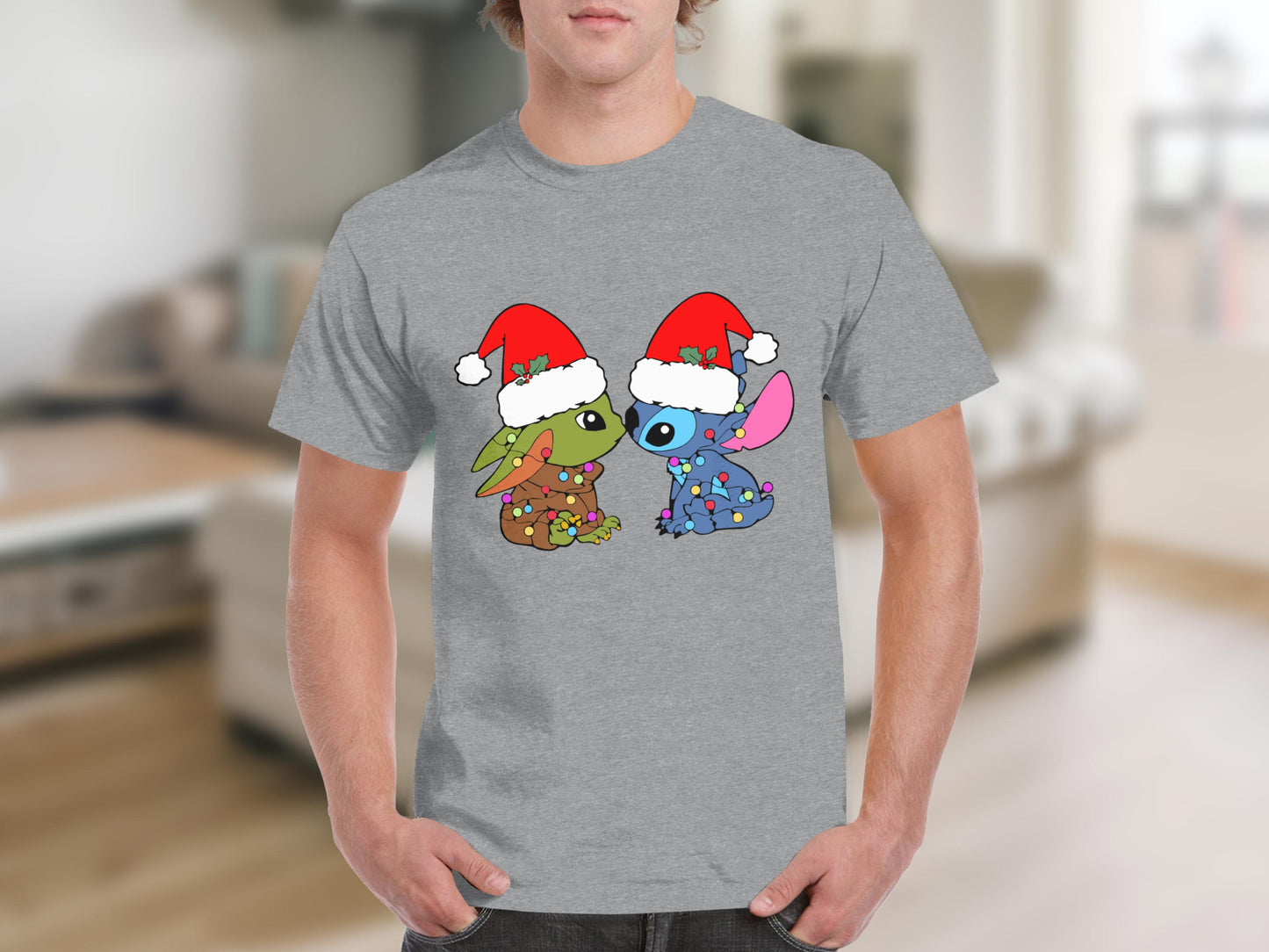 Christmas Baby Yoda And Stitch Grey T-Shirt Product