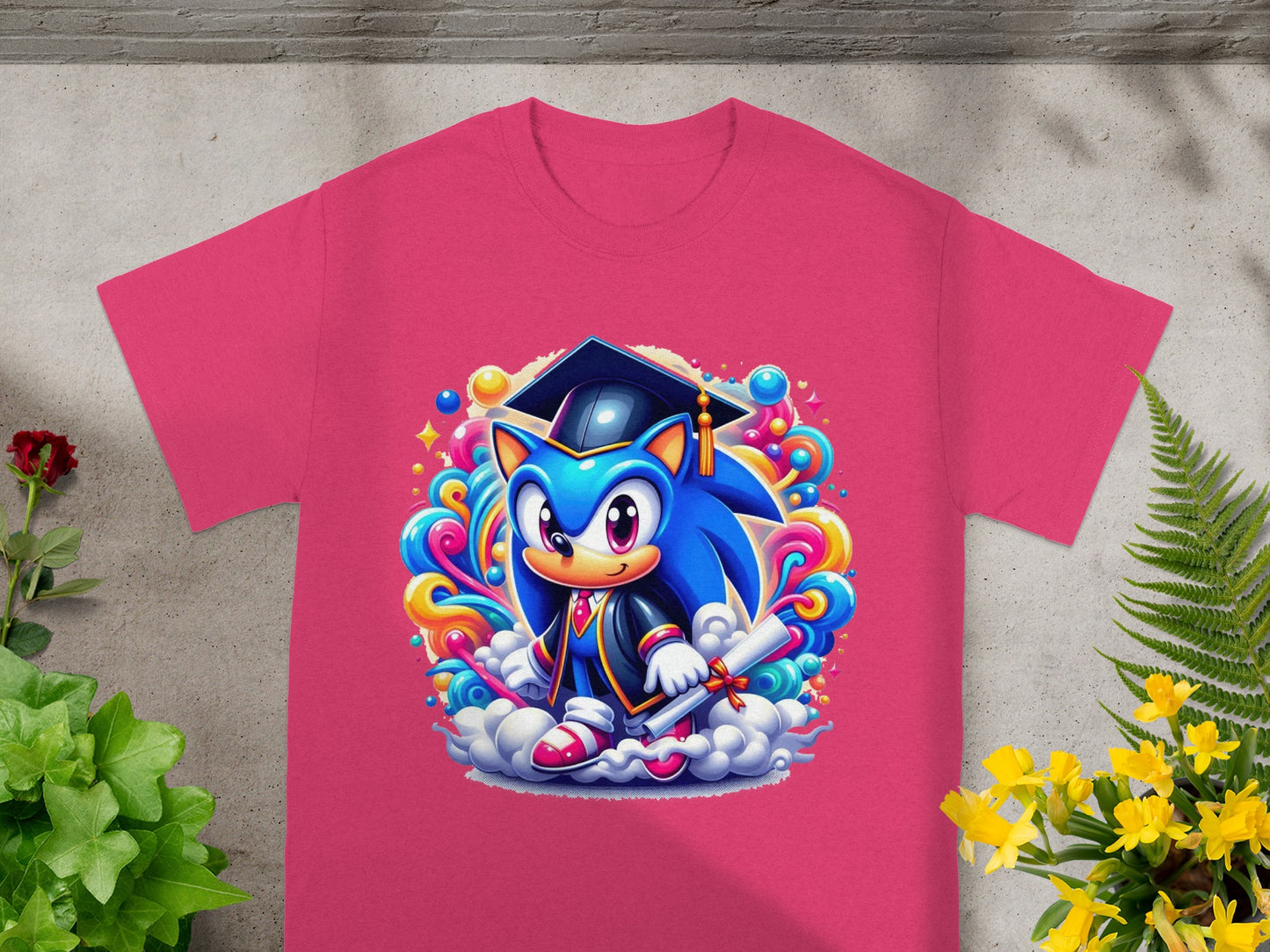Sonic the Hedgehog wearing a graduation cap and gown, holding a diploma.