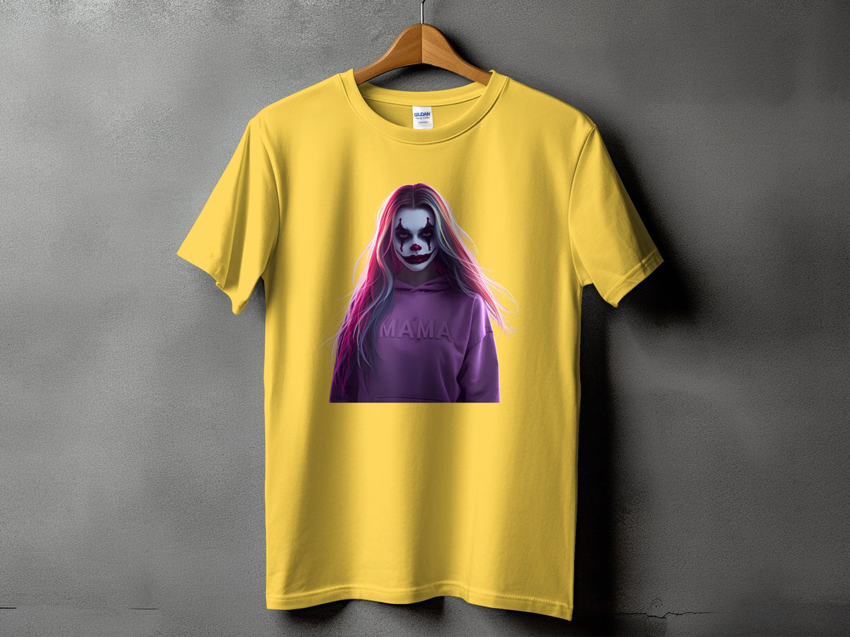 Yellow t-shirt with a graphic of a clown with pink and purple hair and "MAMA" on a hoodie.