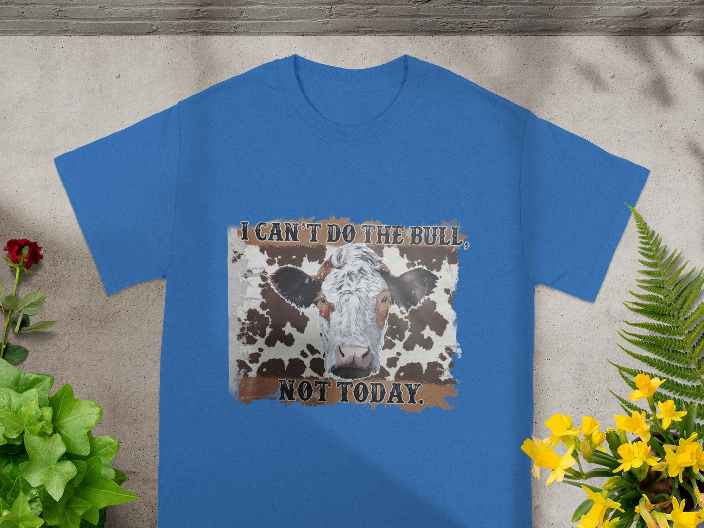 Blue Shirt with Funny Cow and Quote Graphic Design