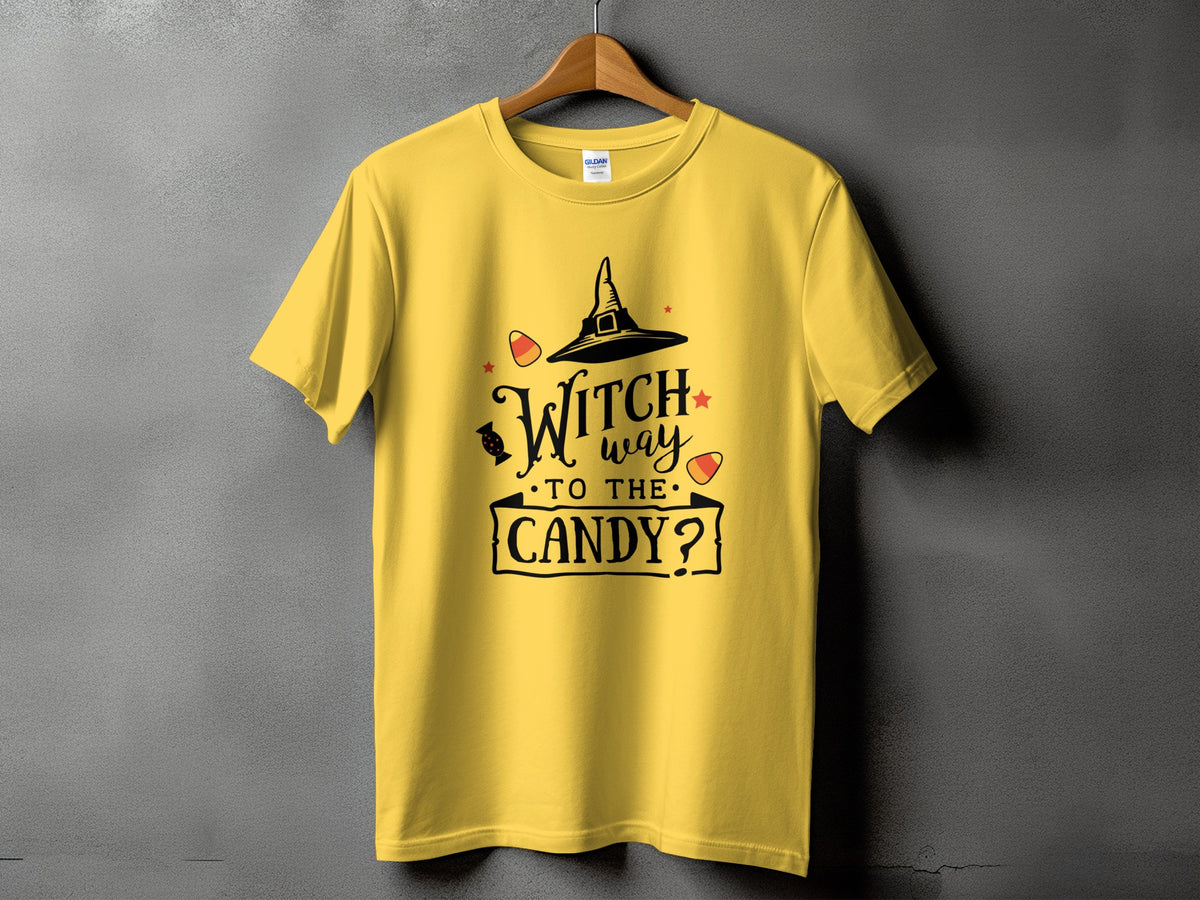 Yellow t-shirt with "Witch way to the candy?" Halloween graphic.